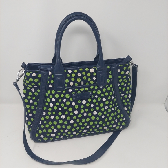 Vera Bradley Lucky Dots Trapeze Tote Navy Blue With Green White Polka Dots - Picture 3 of 12